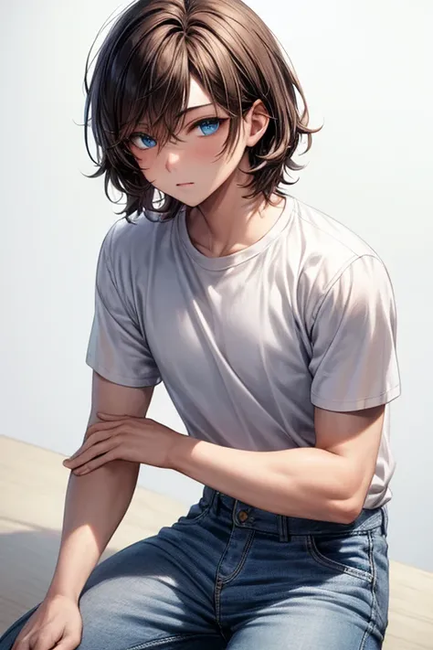 ((best quality)), ((masterpiece)), (detailed), 1 boy, femboy, medium hair, bangs, brown hair, blue eyes, blue shirt, white t-shirt, black jeans,