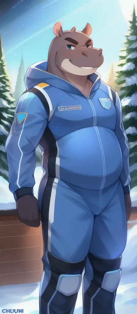 alone, male, standing, snow, hippo, blue military space suit, overweight, strong, smirking, by chuuni