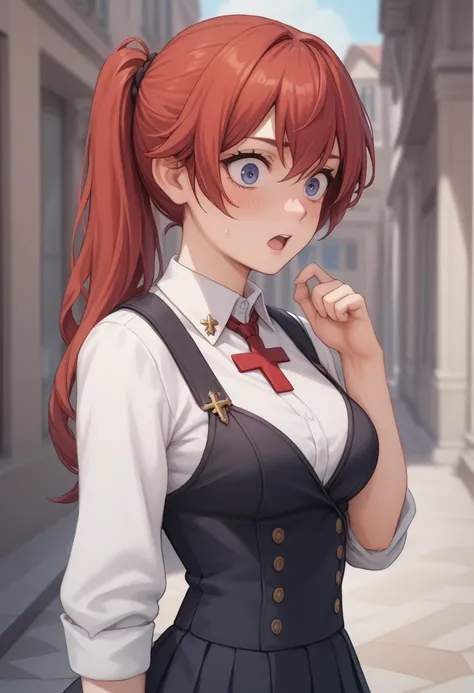 "Create an anime-style illustration of a female character with red hair, wearing a white and black outfit with a red cross emblem on the chest. She should be pulling her skirt down, revealing her lower body. The character should have a slightly surprised o...