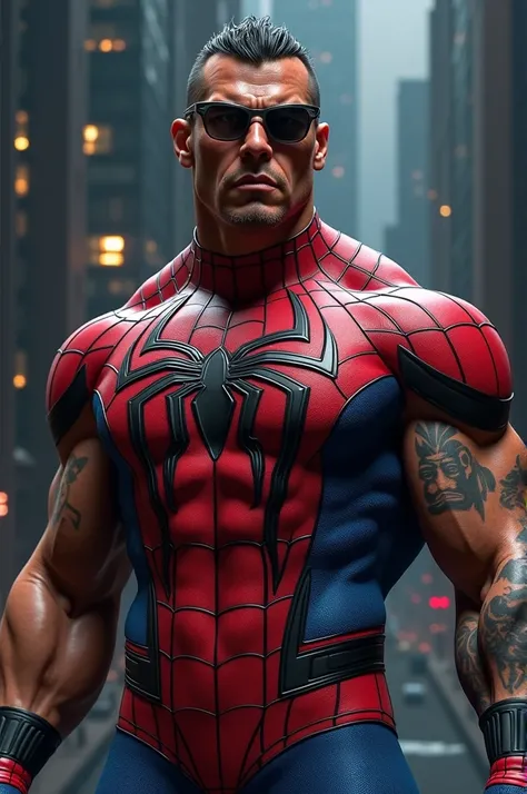 "A hybrid of WWE wrestler Randy Orton and Spider-Man, featuring Randy Ortons intense facial features, short hair, and signature tattooed arms, seamlessly integrated into Spider-Mans red-and-blue suit. The Spider-Man mask is pulled back slightly to reveal R...