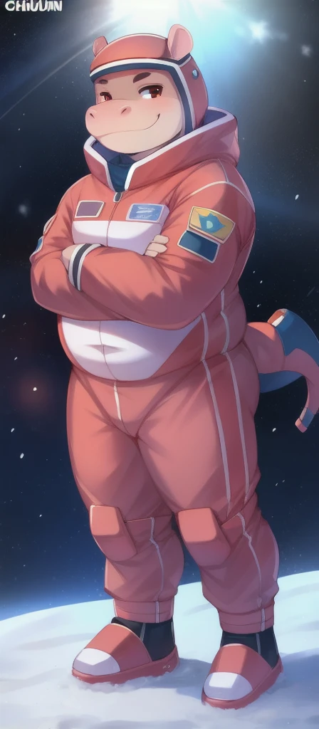 alone, male, standing, snow, hippo, pink military space suit, overweight, strong, smirking, by chuuni