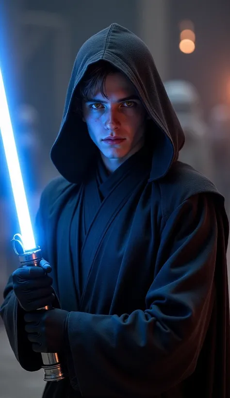 Anakin Skywalker,  Dark Robe ,  Yellow-Orange Eyes , Hooded ,  Holding a blue lightsaber behind it 501st Clone Trooper,  Phase 2 Clone Trooper ,  Clone Wars , nighttime,  Jedi Temple , fire, streak,  Star Wars Prequel Era 