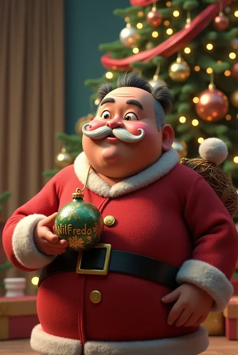 Realistic animated image of a fat man ,  with a white mustache but no beard and Chinese eyes carrying a Christmas sphere that reads Wilfredo with a Christmas tree in the background