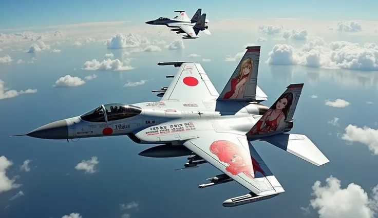 f15 plane in the sky in a large squadron, battle ready fully loaded with ammunition and missile flying in squadron formation. Streaks of bullet from the plane guns can be seen in the image. Plane is in white color and the marking on the plane various stick...