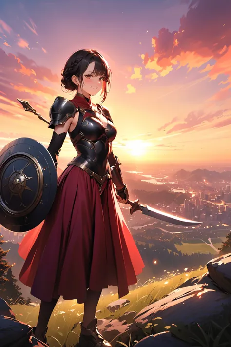 1 girl, (charming face), young adult, long braided hair, (confident smile:1.3), medium breasts, slender, (wearing an elegant dress with armor elements), ankle-length, (heroic stance),  
   BREAK  
   on a hilltop, overlooking a bustling city, (holding a sh...