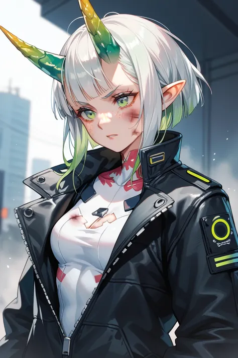 Portrait of an adult dragon girl after a fight, injured and bruised, looking at the camera, messy short white hair with light green highlights, wears a big and long black closed cyberpunk coat jacket zipped up with a tight suit undearneath (small boobs), f...