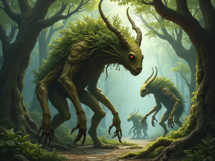 anime, Creatures with 2 long front legs and 2 short back legs, tree body,  medieval forest .