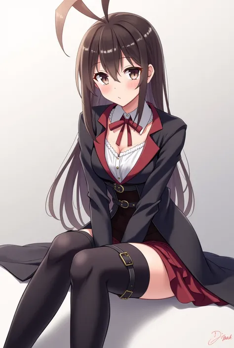 girl sitting down with a thigh high style, 1girl, solo, crossed legs, sitting, boots, high heels, thighhighs, high heel boots, thigh boots, anime style