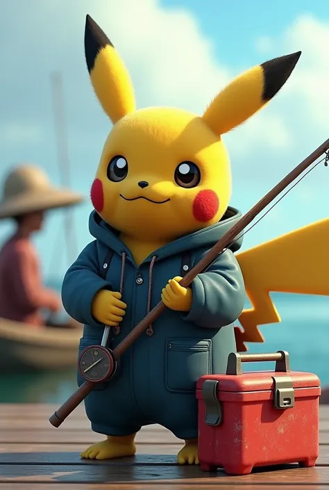 Make realistis pikachu use coverall in the pier ready for fishing with red cooler box and holding fishing rod, and on the sea fisherman using kano for fishing