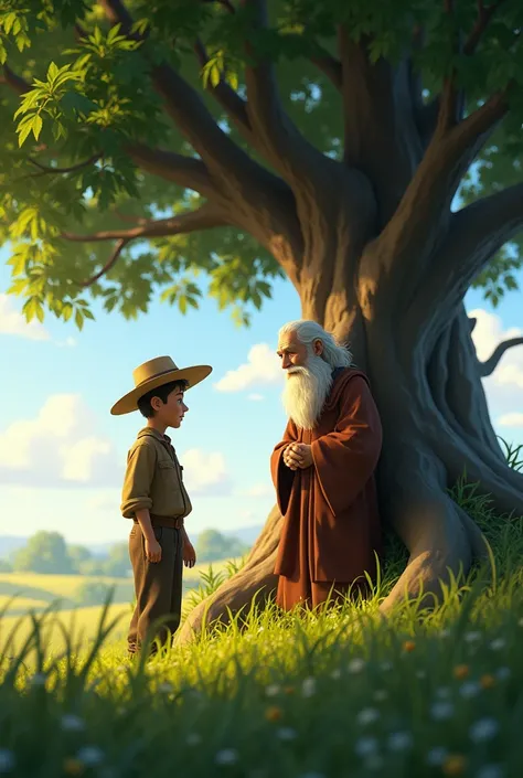 The sad poor farmer and the wise man sitting together under a tree, the farmer listening intently as the wise man speaks. Pixar style full hd disney