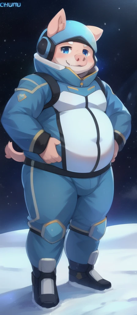 alone, male, standing, snow, pig, blue military space suit, overweight, strong, smirking, by chuuni