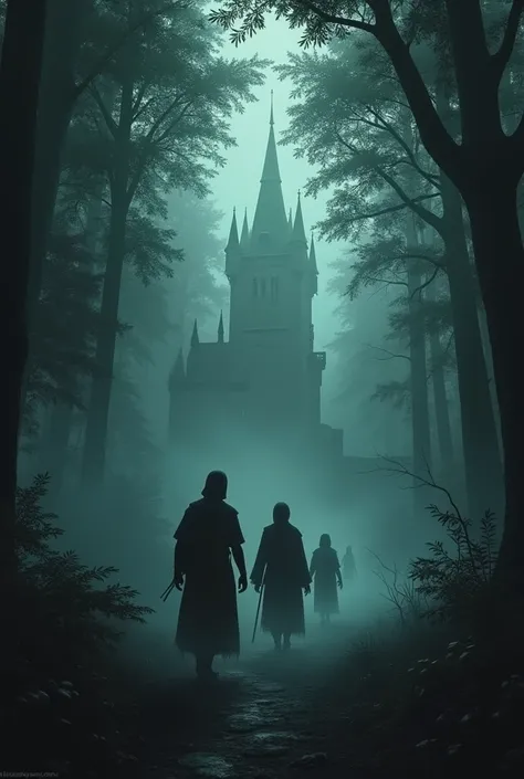 Show shadowy figures and faint whispers floating around the adventurers in a dense forest, creating a haunting, eerie scene.
Make a rusty horror castle at the end of forest and they all going there
