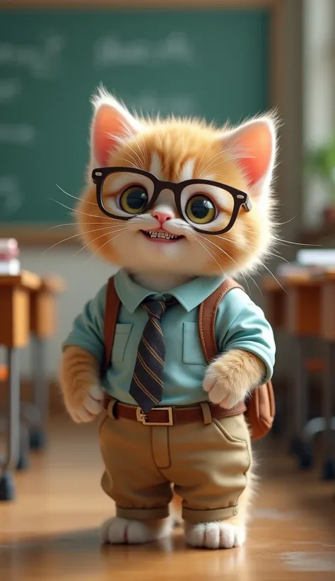  A kitten dressed as a human at school with a backpack, glasses and braces on the tooth 