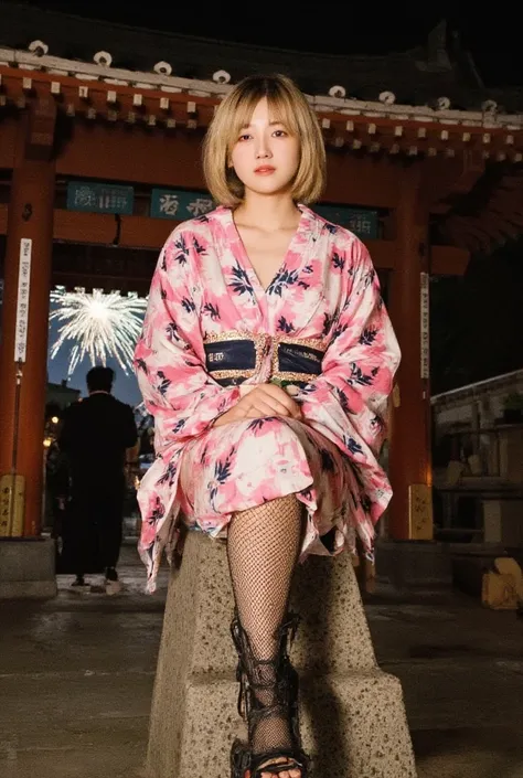 female 1 person, adult woman, Sexy Vibes,(photograph(Fujii Shuuka:1.2)), girl,Laugh 1 .2,Around 25 years old,(Her hair is blonde., blue eyes,) beautiful eyes,high nose,Hairstyle: Short hair, pink and black and white yukata , The front of the yukata is slig...