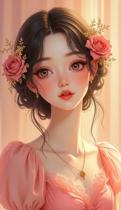 “Create an image of a 20s female love-themed spiritual goddess with an enchanting, fairy-like appearance. She should look adorable, divine, and ethereal, with a soft, dreamlike expression. The character faces forward in a bust shot, and her features are sl...