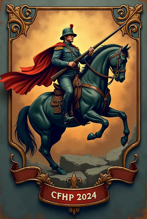 Create a coat of arms of a soldier with a rifle riding a horse and with ( 3rd Company  /  CFHP 2024  )