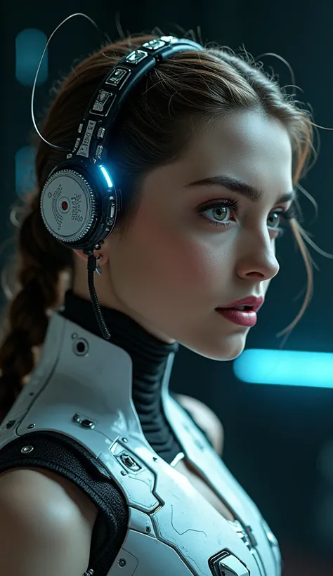 A highly detailed, realistic photo of a cybernetic woman. Her face is a seamless blend of human beauty and advanced technology, with metallic plates and glowing, intricate circuits integrated into her skin. Her eyes are striking that conveys intelligence a...