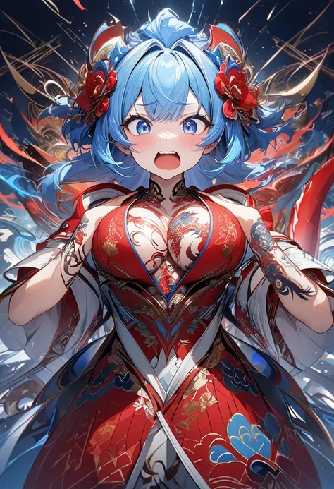 Chibi,  chibi, (V-shaped expression ),  embarrassed expression , excited,  beautiful woman ,  sky blue hair ,  blue eyes, A pretty red kimono, Lots of tattoos , D cup breasts,  Dragon Tattoos on Arms ,  open chest ,  Wide Neckline , chest window,  Window o...