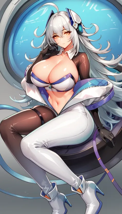 score_9, score_8_up, score_7_up, 1girl, mature female, shiny skin, sofia, white hair, ahoge, orange eyes, very long hair, large breasts, white jacket, white footwear, high heel boots, breasts, cleavage, elbow gloves, high heels, looking at viewer, navel, s...