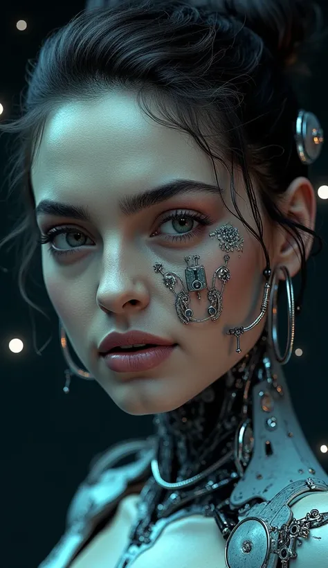 A highly detailed, realistic photo of a cybernetic woman. Her face is a seamless blend of human beauty and advanced technology, with metallic plates and glowing, intricate circuits integrated into her skin. Her eyes are striking that conveys intelligence a...