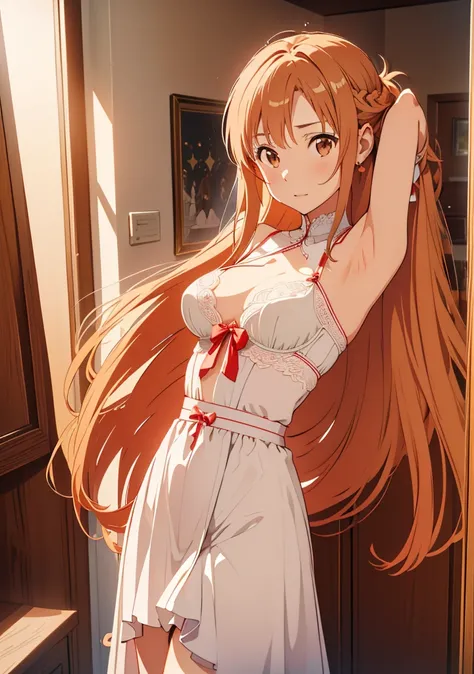 aaasuna, 1 girl,  Masterpiece, highres,  sound borders_asuna_yuki,  long brown hair , ((vestido de novia,  room, Bridal lingerie, Wedding theme))