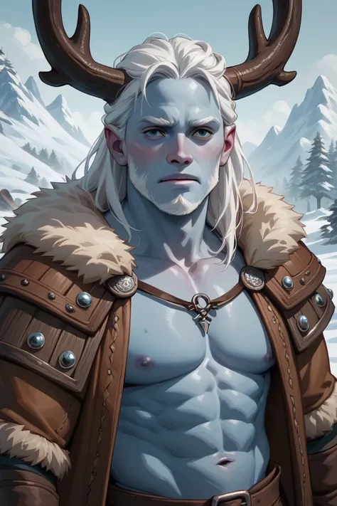 man, blue skin,  white hair, viking, Snowy plains background