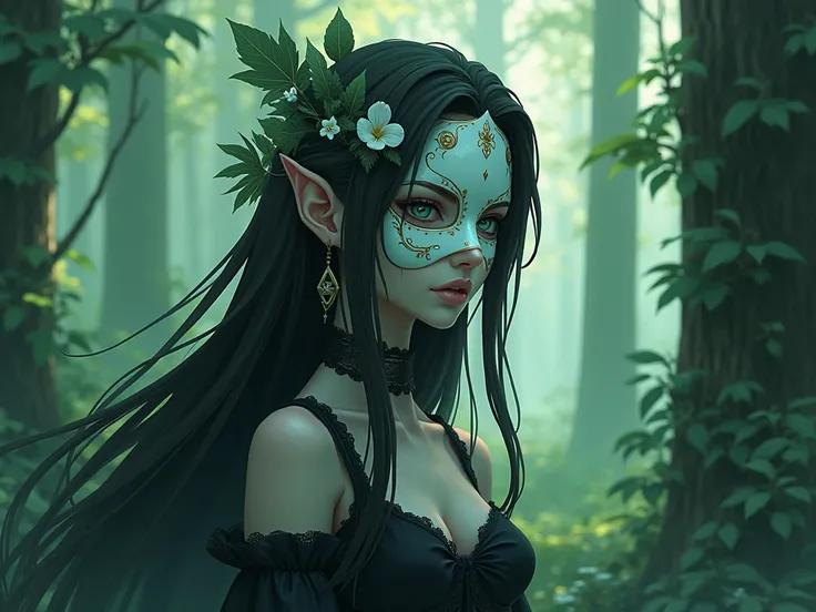 anime, ren of the Forest ,  porcelain mask , long fingers,  long hair ,  medieval fantasy forest.