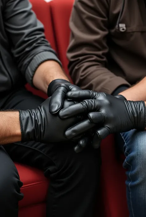 Group of homosexuals with tight black leather gloves sitting in chairs cuddle 14-year-old boys