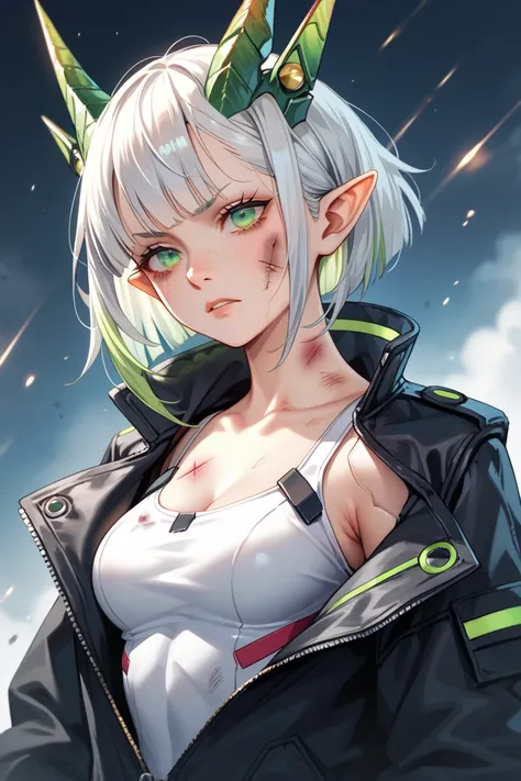 Portrait of an adult dragon girl after a fight, injured and bruised, looking at the camera, messy short white hair with light green highlights, wears a big and long black closed cyberpunk coat jacket zipped up with a tight suit undearneath (small boobs), f...