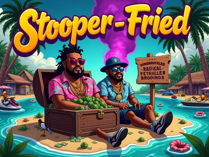 "Design a high-resolution rap album cover for artist 10XStoopa, album title Stooper-Fried, produced by Spacedust, under Flodraulyx Records. Inspired by Cartoon Gangster Island, reimagine a tropical paradise filled with gangster swagger. The central charact...