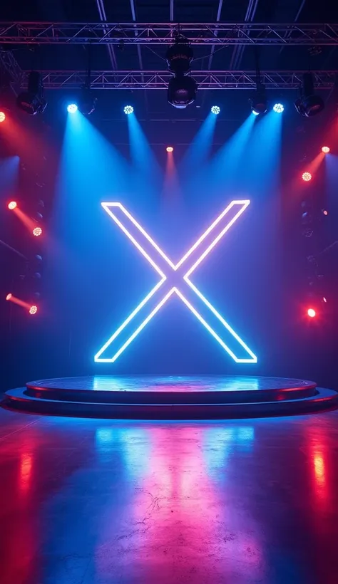 " The stage is a vibrantly illuminated talent stage ,  with an X shaped light structure in the background . The lights are intense and colorful ,  with shades of blue and red predominating , creating an energetic and modern atmosphere .  The stage floor is...