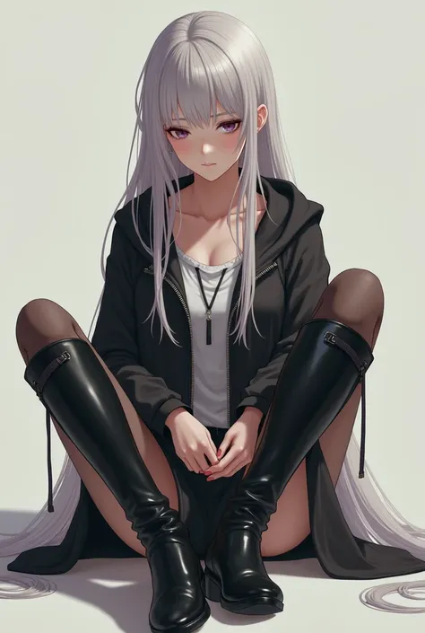 Realistic tall anime girl wearing boots closing zip while crosslegged sitting yor forger