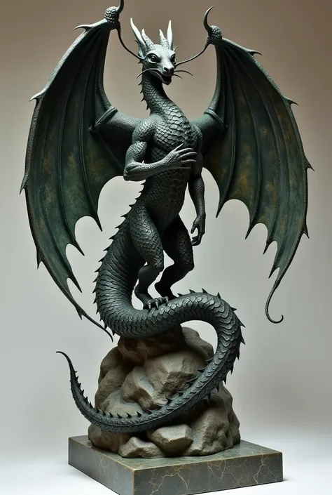 there is a statue of a dragon on a pedestal with a rock, a bronze sculpture by Rodney Joseph Burn, behance contest winner, art nouveau, resin statue, front side view, intricate sculpture, great mystical winged serpent, banal object on a pedestal, mystical ...