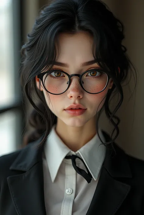 Baijita girl with white skin  ,hazel eyes and dark black hair with freckles and lenses dressed as a Uruguayan lawyer