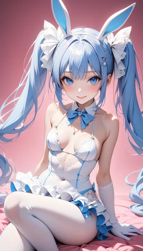 （((blue twin tails))), (Cute white bunny girl costume includes a sexy bikini, white gloves, sexy white pantyhose, lower breasts, and white high heels.))),   top quality,  top quality, 16k,  very detailed with crimson hair, 2.5D, AI-generated, Delicate and ...