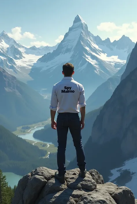 Create an image of a man wearing a shirt with a name that says SPY MALMO. The man must be standing on top of mountain and beside and at the background must be valleys.