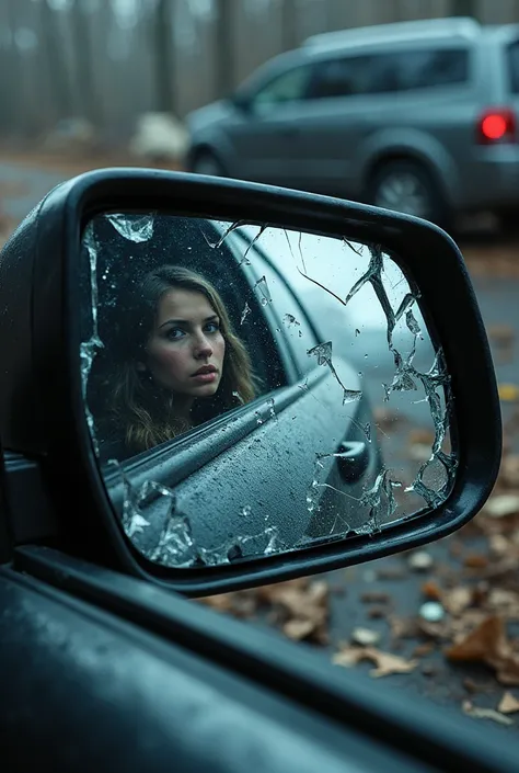 A shattered car mirror of accident scene reflecting the broken dreams of the victims."