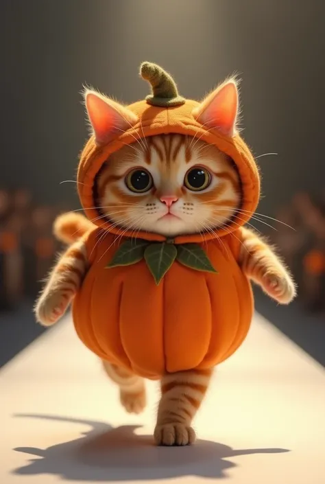 (Photorealism: 1.2), a cute ginger cat, wearing a cute brown pumpkin doll costume, walks on the runway while smiling