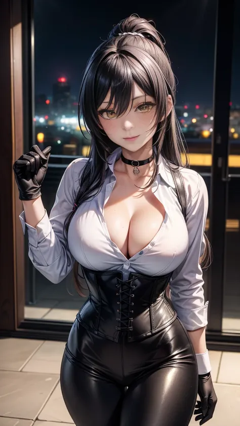 (Yaedef :1.4), 8K, highres,  ultra detailed , ( Masterpiece:1.4),  Best Quality , Sakuya Shirase, symmetrical body, beautiful, Alone, standing,  dynamic pose ,  seen from the front,  looking at the spectator , Tender smile, long ponytail black hair,  detai...