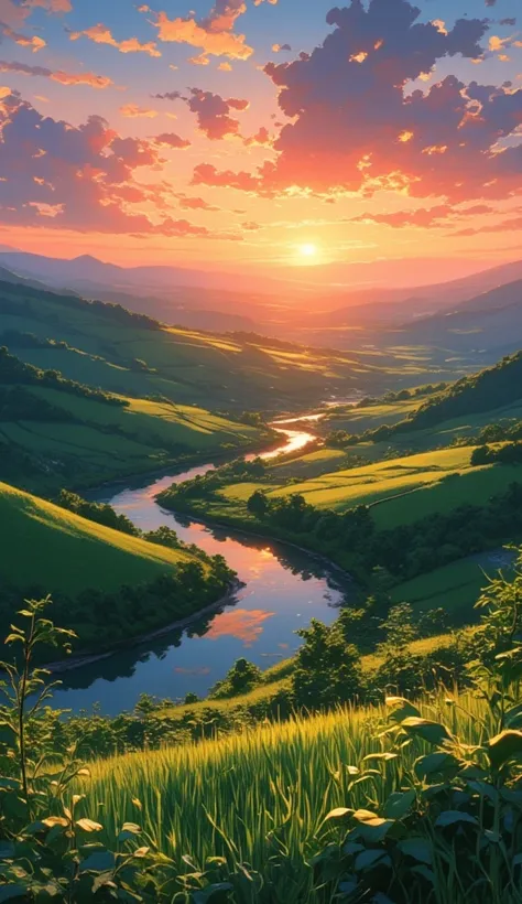 countryside　river　Rice field　 beautiful sunset 