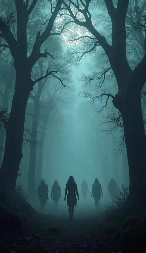 A mysterious, misty forest with shadowy figures, hinting at the settlers disappearance into the unknown.