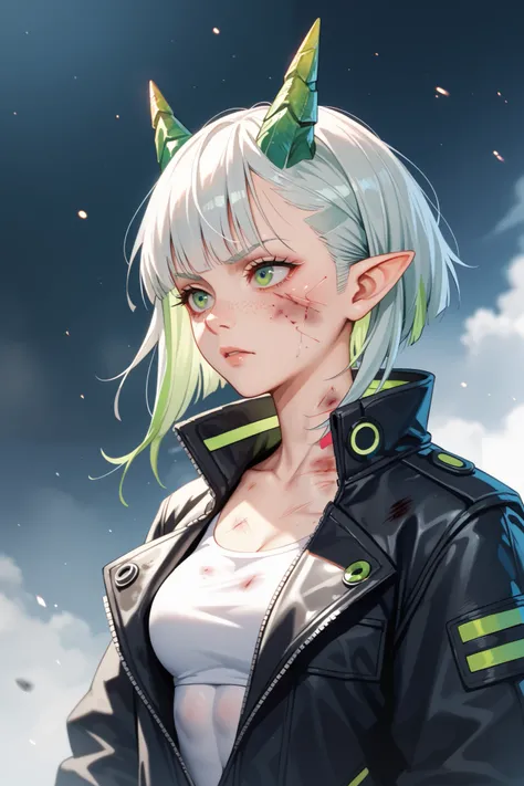 Portrait of an adult dragon girl after a fight, injured and bruised, looking at the camera, messy short white hair with light green highlights, wears a big and long black closed cyberpunk coat jacket zipped up with a tight suit undearneath (small boobs), f...