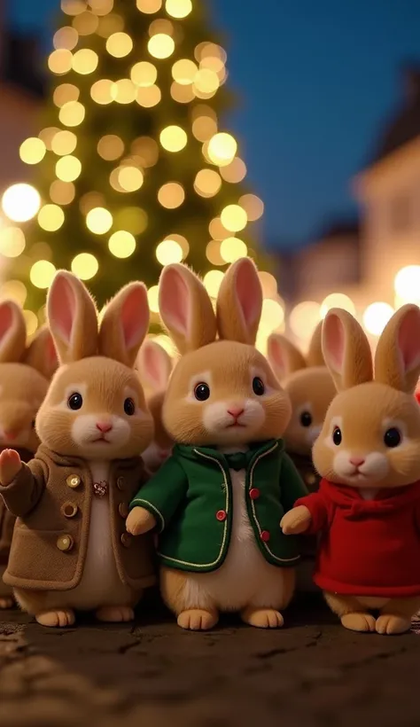 A detailed image of [Sylvanian Families style rabbits, about 10 rabbits of various fur colors] [posing for a commemorative photo, smiling and waving] at [in front of a large Christmas tree in a European street] during [night], taken with a cinematic camera...