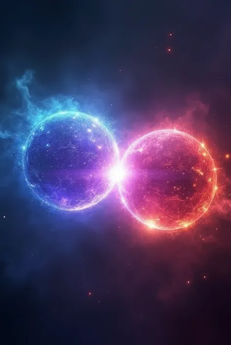 Glowing blue orb and shiny red orb that move closer together to form an overpowered purple orb