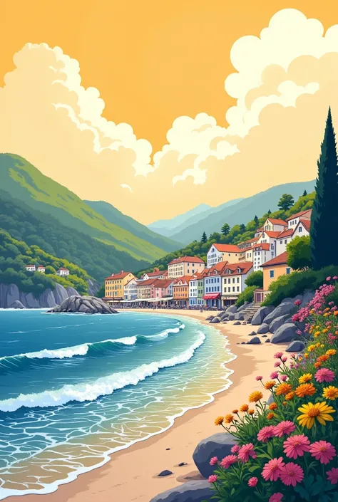 ( illustration),  side view,  Small town on the hill , Waterfront with waves ,  with trees and colorful flowers ,  yellowish sky with big clouds, vivid colors,  depth of field, full image, reflected light, 