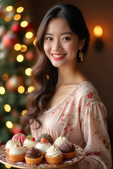 A stunning young woman gracefully presents an array of festive desserts. Her radiant smile is as warm as the glowing holiday lights around her. She wears a charming outfit adorned with soft, seasonal colors, perfectly complementing her sparkling eyes. Her ...