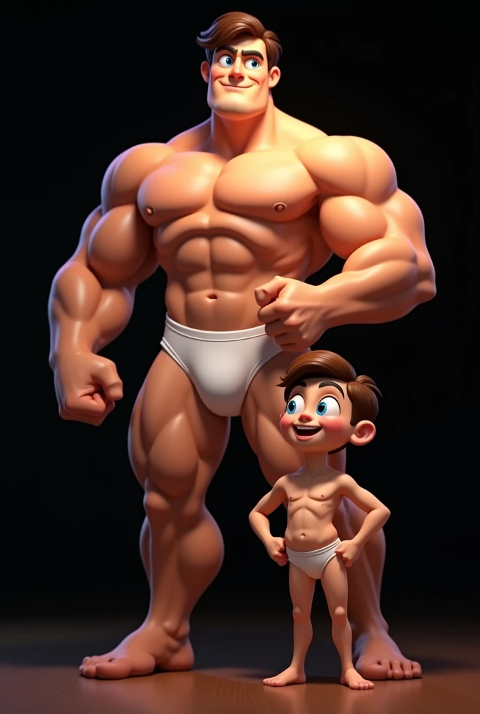 man, light skin, blue eyes, brown hair, dressed with white underpants , heroic pose, strongman, and his little son whos dressed same like him, black background, disney animation style