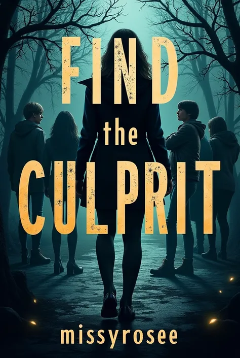 Give me a book cover titled: Find the Culprit (theyre a group of friends and one of them is the culprit) put my name as an author too: missyrosee