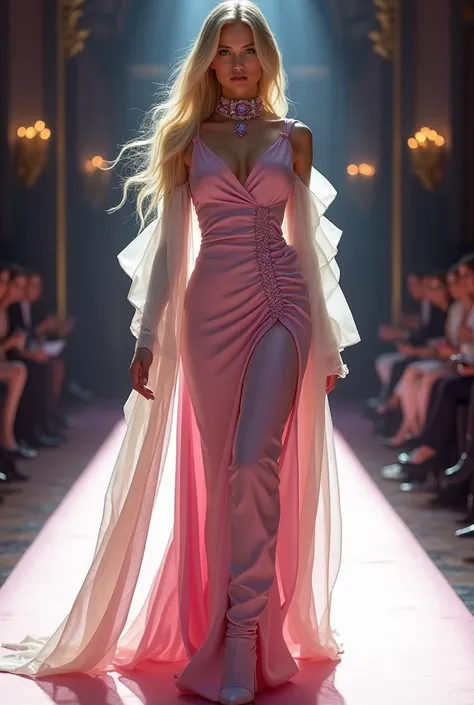 Fashion show, blonde woman, very long blond hair, dark blue eyes, with pink suede dress sewn in pieces, length to the knees, high boots, white tulle coat, silk scarf around the neck, amethyst jewelry,
