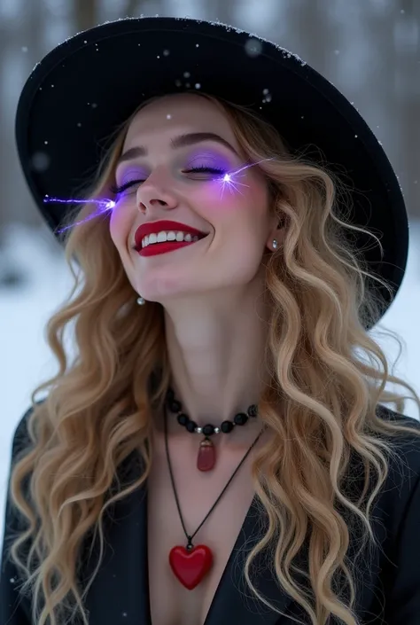 woman with long curled blonde hairs with happiness on her face, violet sprites around her closed eyes in beautiful black hat red heart necklace glam dieselpunk high details fashion photography, ambient lighting, cinematic lighting, professional light, extr...